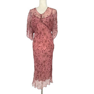 Karavan Midi Dress Large Fairy Babydoll Y2K Floral Sheer Rose Pink Cottagecore